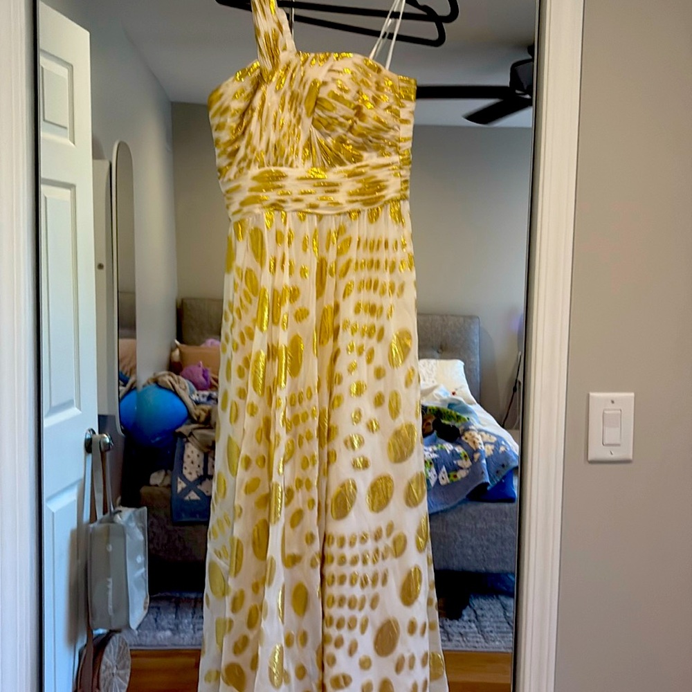 Aidan Mattox White Maxi Dress with Gold Metallic Print